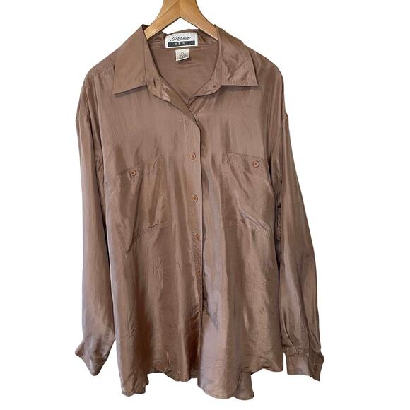 VTG Marnie West 100% Silk Button Up Tan/ Brown Minimalist Blouse Large - Picture 1 of 12